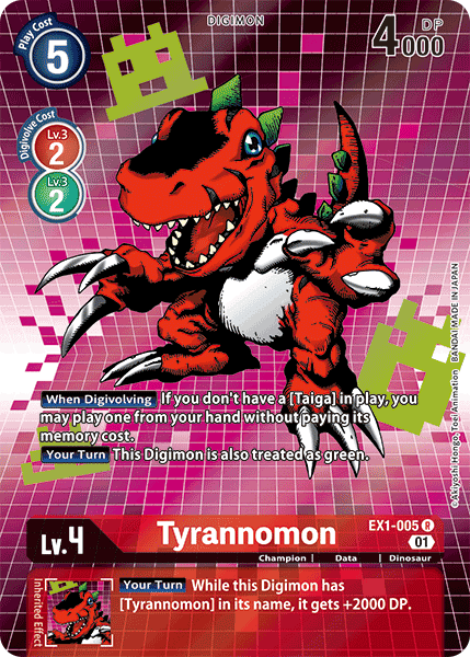 A Digimon Tyrannomon [EX1-005] (Alternate Art) [Classic Collection] card from the Classic Collection featuring Tyrannomon, a red and black dinosaur-like creature with a fierce expression and sharp claws. It has green pixelated symbols in the corners. The card details include Lv. 4, 5 play cost, 4000 DP, and special abilities. Tyrannomon is labeled as a Champion level Dinosaur Digimon.