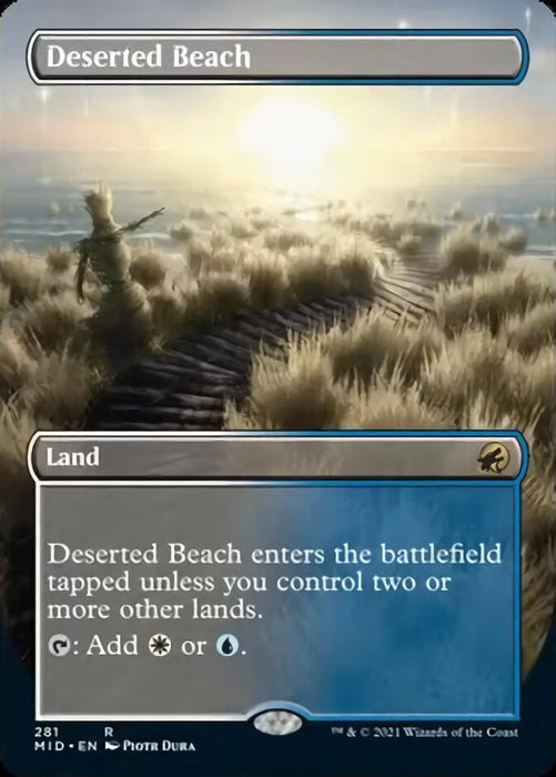 A "Magic: The Gathering" card named "Deserted Beach (Borderless Alternate Art) [Innistrad: Midnight Hunt]." It depicts a solitary figure standing on a wooden boardwalk surrounded by tall, golden grass, with a calm sea and a sunlit sky in the background. This rare card from Innistrad: Midnight Hunt is of the Land type and includes game text regarding its abilities and conditions.