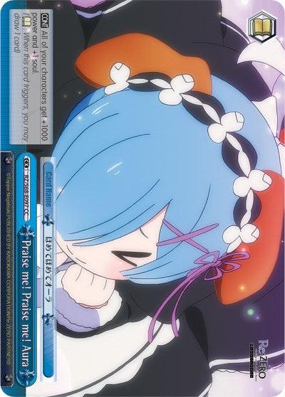 A trading card features an animated girl with blue hair adorned with white bow clips, wearing a maid outfit from Re:ZERO Memory Snow. She's touching her face with a thoughtful expression. The Praise me! Praise me! Aura (RZ/S68-E097 CC) [Re:ZERO Memory Snow] card by Bushiroad includes various statistics and abilities in different sections, some in English and some in Japanese.