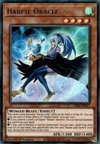 A Yu-Gi-Oh! trading card showcasing "Harpie Oracle [LDS2-EN077] Ultra Rare" from Legendary Duelists: Season 2. The card depicts a character with blue hair, bird-like wings, and a dark outfit. Text details the winged beast/effect attributes, ATK 1300, DEF 1400, and specific in-game effects. The background is predominantly brown.