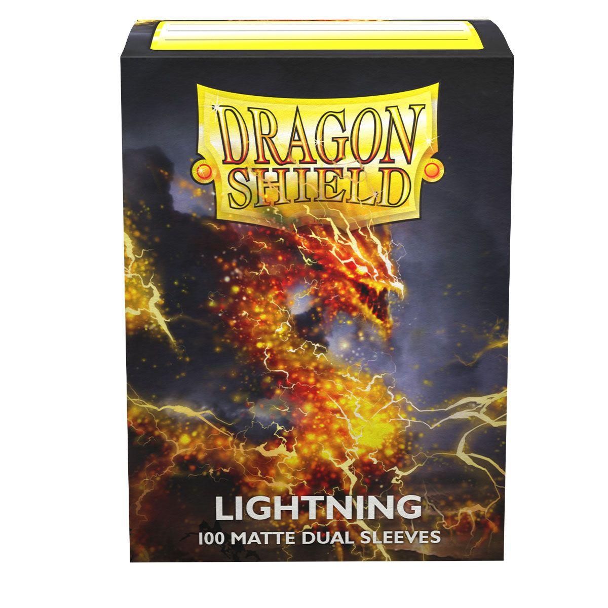 The image shows a box of Dragon Shield: Standard 100ct Sleeves - Lightning (Dual Matte) from Arcane Tinmen, featuring artwork of orange and yellow lightning on a dark background. The box is labeled 