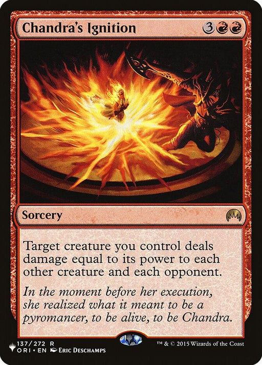 A Magic: The Gathering card named "Chandra's Ignition [Secret Lair: Heads I Win, Tails You Lose]," a rare sorcery, features an illustration of Chandra Nalaar unleashing a fiery explosion. The card text reads: "Target creature you control deals damage equal to its power to each other creature and each opponent." It's of rarity 'R'.