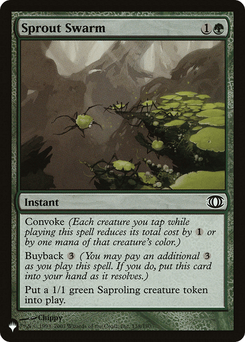 A Magic: The Gathering card titled "Sprout Swarm [The List]" costs 1 green mana and 1 generic mana to cast. Featuring Convoke and Buyback for 3 mana, its effect creates a 1/1 green Saproling creature token. The artwork depicts floating green spores in a misty, forested area.