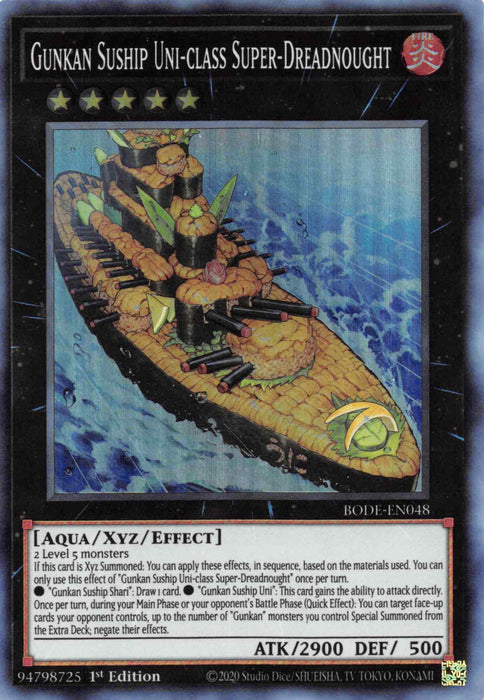 Image of a Yu-Gi-Oh! Super Rare trading card titled "Gunkan Suship Uni-class Super-Dreadnaught [BODE-EN048] Super Rare." The card features an illustration of a battleship combined with sushi elements, including a sushi roll at the center. It has 7 stars, is black-bordered, and can be Xyz Summoned with ATK 2900 and DEF 500. Text details