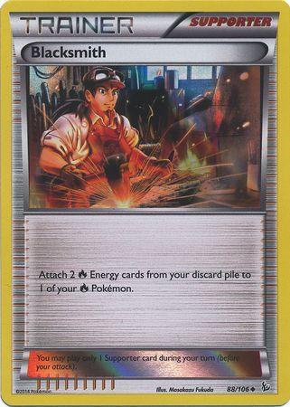 A Pokémon trading card titled "Blacksmith (88/106) (Sheen Holo Pyroar Collection Exclusive) [XY: Flashfire]" from the "Trainer" category and "Supporter" type, released as part of XY: Flashfire. The card number is 88/106. Its illustration shows a blacksmith wearing a red cap and protective gear, working with molten metal. The card's effect allows attaching 2 Fire Energy cards from the discard pile to a Pokémon.