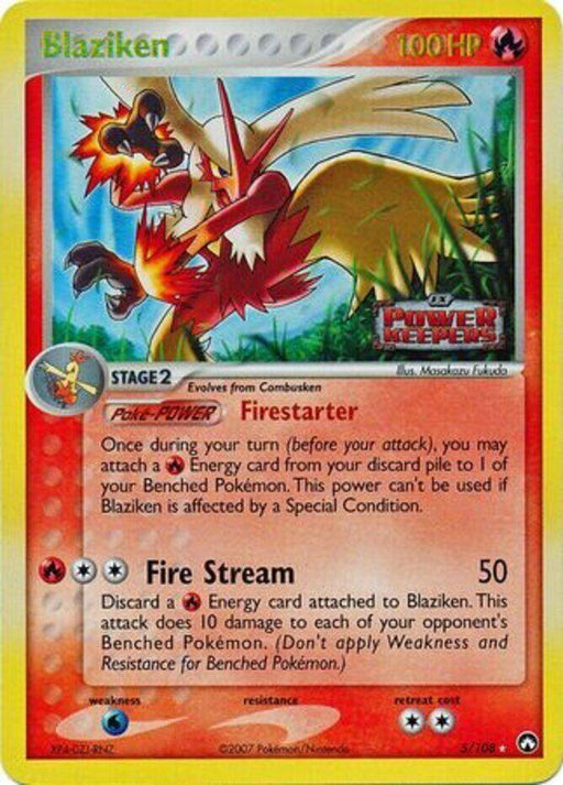 A Pokémon Blaziken (5/108) (Stamped) [EX: Power Keepers] trading card featuring Blaziken, with 100HP, from the EX: Power Keepers set. It displays Blaziken in an action pose surrounded by flames. The card includes the Firestarter Poké-Power and the Fire Stream attack. Illustrated by Masakazu Fukuda and numbered 3/108.