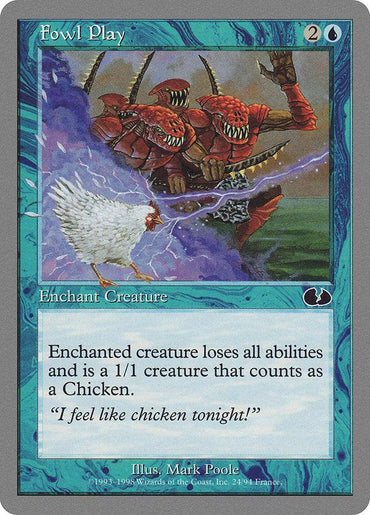 The "Fowl Play [Unglued]" card from Magic: The Gathering features two red dragon-like creatures in battle with a white bird amidst blue lightning. It has an aqua marbled border and text on creature transformation plus a comedic quote.