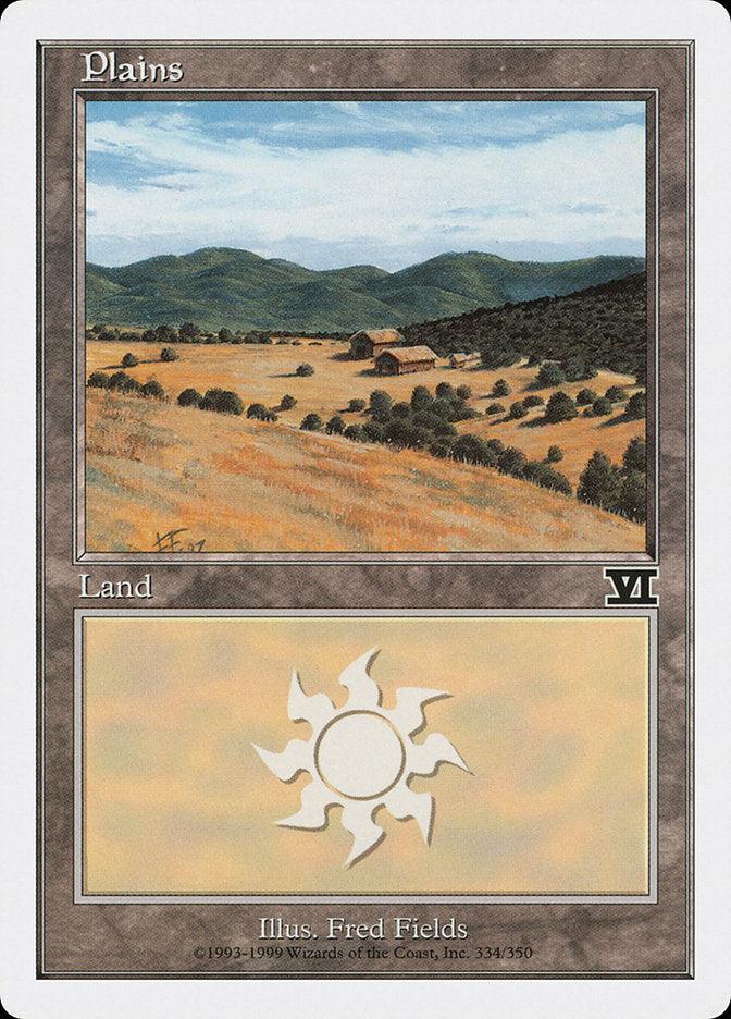 A Magic: The Gathering card named "Plains (334) [Classic Sixth Edition]" from the Magic: The Gathering. The card features an illustration of a rural landscape with golden fields, scattered bushes, and a farmhouse in the distance under a partly cloudy sky. The Basic Land type is indicated with a sun symbol at the center of the card.