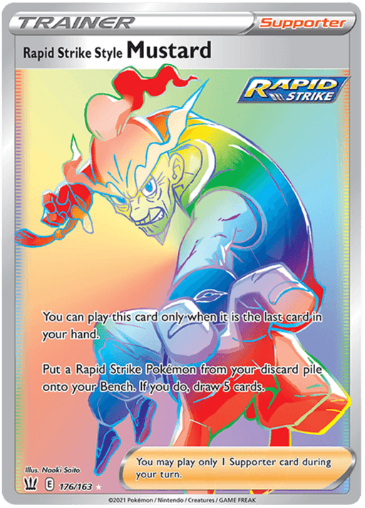 A Pokémon trading card featuring "Rapid Strike Style Mustard (176/163) [Sword & Shield: Battle Styles]" from the Pokémon series. It depicts an older man with a ponytail and a determined expression, wearing a colorful outfit. The text explains he can be played when it's the last card in the player's hand, reviving a Rapid Strike Pokémon and drawing 5 cards.