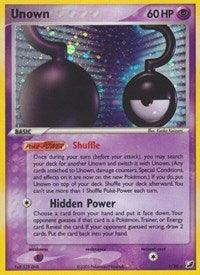 A Pokémon Unown (?) (?/28) [EX: Unseen Forces] trading card from the Unseen Forces set, featuring a purple border and 60 HP. This Psychic-type card showcases a black, stylized letter 'J' with an eye. It includes details of the 