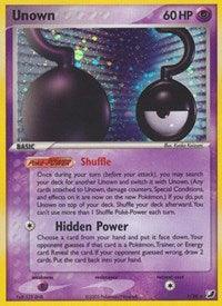 A Pokémon Unown (?) (?/28) [EX: Unseen Forces] trading card from the Unseen Forces set, featuring a purple border and 60 HP. This Psychic-type card showcases a black, stylized letter 'J' with an eye. It includes details of the "Shuffle" ability and the attack "Hidden Power," along with their descriptions and effects.