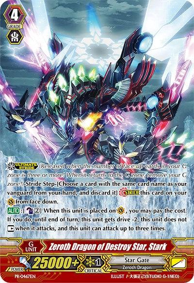 A card from the game "Cardfight!! Vanguard" featuring "Zeroth Dragon of Destroy Star, Stark (PR/0467EN) [Promo Cards]." This Promo Rare shows a mechanical dragon with bright light and energy surrounding it. The card details its grade, power, and abilities in yellow text boxes, set against a vibrant, swirling background by Bushiroad.