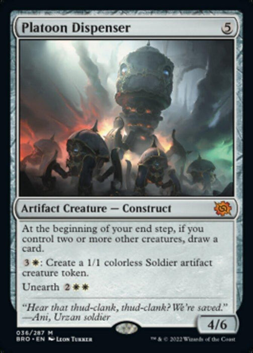 The image showcases a Magic: The Gathering product, Platoon Dispenser [The Brothers' War], a mythic artifact creature from The Brothers' War series. It features a large metallic being amidst humanoid robot soldiers with an eerie backdrop of distant lights. With mana cost 5, it draws cards, creates Soldier tokens, and unearths for 2 white and 2 generic mana. Illustrated by Leon Tukker.
