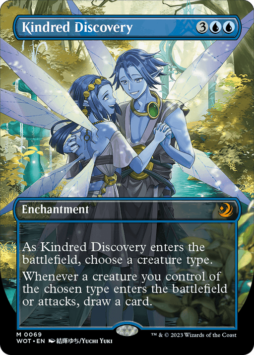 Kindred Discovery (Anime Borderless) [Wilds of Eldraine: Enchanting Tales]," an enchanting Magic: The Gathering card, features blue borders and depicts two blue-skinned, winged creatures smiling and holding each other affectionately in a forest. Text reads: "As Kindred Discovery enters the battlefield, choose a creature type. Whenever a creature you control of the chosen type enters the battlefield or attacks, draw a card.