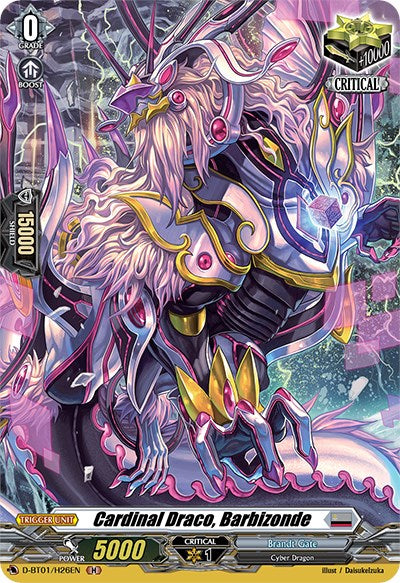 Here's a dynamic card illustration of "Cardinal Draco, Barbizonde (D-BT01/H26EN) [Genesis of the Five Greats]" from Bushiroad. This Cyber Dragon is adorned with intricate draconic cybernetic enhancements and armor, featuring glowing pink and blue accents that highlight its sharp, menacing details. The background bursts with a vivid mix of colors, conveying energy and action through a stunning holo effect.