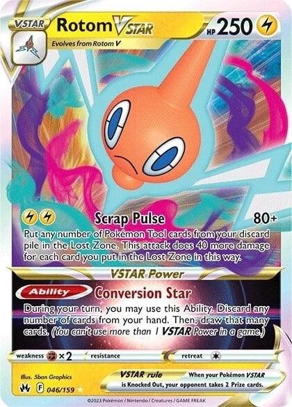 A Pokémon Trading Card featuring Rotom VSTAR (046/159) [Sword & Shield: Crown Zenith] from the Pokémon brand. The ultra rare card boasts 250 HP and includes the move "Scrap Pulse," dealing 80+ damage. Its "Conversion Star" ability lets players discard any number of cards and draw the same amount. This holofoil treasure is numbered 046/159.