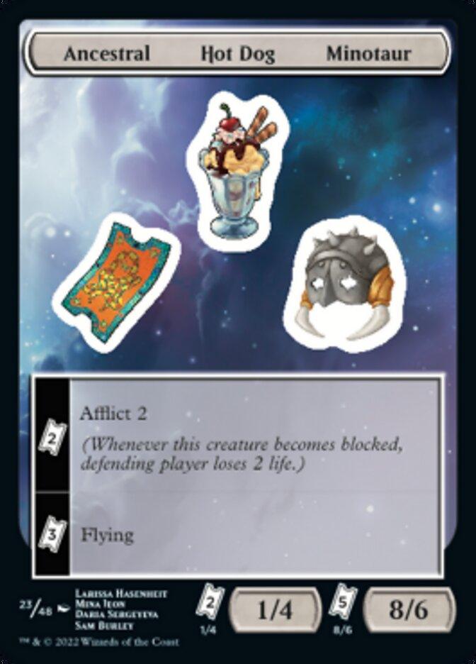 A Magic: The Gathering [Ancestral Hot Dog Minotaur [Unfinity Stickers]] card features a sundae, a hot dog, and a sad gray creature with horns. With 1 power, 4 toughness, and abilities Afflict 2 and Flying, it's illustrated by Larissa Hasenstaat and Mina Hong. This whimsical card also includes Unfinity Stickers — number 23/48.