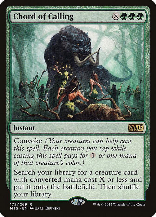 A Magic: The Gathering product titled "Chord of Calling [Magic 2015]" from Magic: The Gathering. This instant card, with a green border and M15 symbol, features artwork of a monstrous creature summoning glowing green energy, surrounded by druids in a forest. The card text explains the convoke ability and library search mechanic.