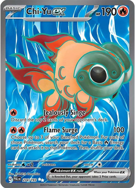 A Pokémon card featuring Chi-Yu ex (234/193) [Scarlet & Violet: Paldea Evolved]. It has 190 HP and is a Water and Psychic-type Pokémon from the Scarlet & Violet: Paldea Evolved series. This Ultra Rare card displays an aquatic creature with orange and blue patterns, red fins, and bulging blue eyes. It has two moves: Jealously Singe and Flame Surge. There is game text and the card number.

