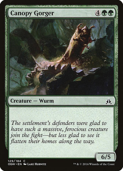 A Canopy Gorger [Oath of the Gatewatch] card from Magic: The Gathering. This Common card showcases a large, fierce Creature — Wurm emerging from the trees. It costs four generic mana and two green mana to play. The text describes the creature's destructive power, with a power/toughness of 6/5.