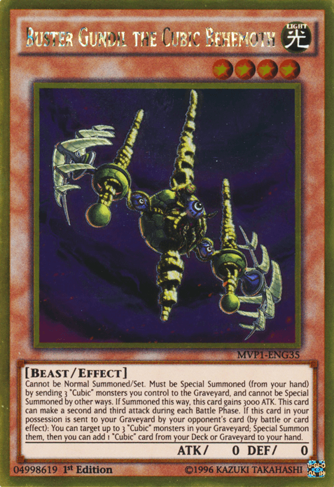 Yu-Gi-Oh! card titled "Buster Gundil the Cubic Behemoth [MVP1-ENG35] Gold Rare." The card features a beast-like creature with a mechanical appearance, including golden armor and multiple arms wielding weapons. As a Gold Rare from "The Dark Side of Dimensions," this LIGHT attribute card has 0 ATK and 0 DEF, and contains detailed effect and summoning text.