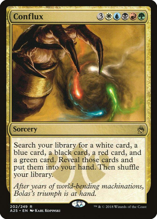 A Magic: The Gathering card titled "Conflux [Masters 25]." It has a golden border with five colored mana symbols at the top. The card art depicts a hand grasping swirling energy of different colors. As a rare sorcery, it allows the player to search their library for different colored cards.