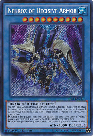 The image features a "Yu-Gi-Oh!" trading card titled "Nekroz of Decisive Armor [THSF-EN019] Secret Rare." It depicts an armored warrior wielding a large, ornate shield, standing in a dramatic pose against a purple and blue background. The Ritual Summon card includes various stats and descriptions at the bottom, with an ATK of 3300 and DEF of 2300.