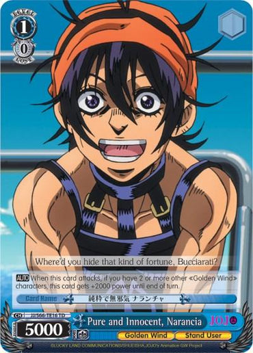 A Bushiroad trading card featuring a character with short dark hair, an orange bandana, and a sleeveless outfit. The character is smiling widely against a blue background. Text on the card includes "Pure and Innocent, Narancia (JJ/S66-TE16 TD) [JoJo's Bizarre Adventure: Golden Wind]" and descriptions of effects in both Japanese and English. Part of the Golden Wind series from JoJo's Bizarre Adventure.


