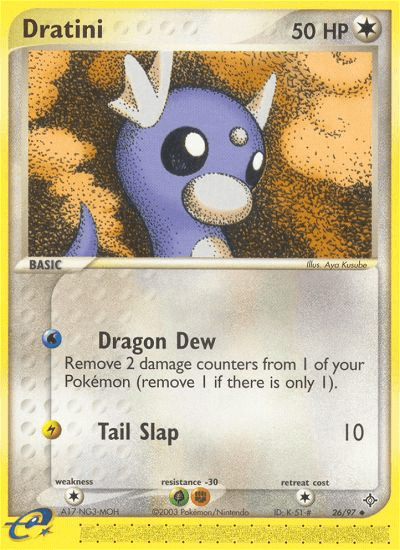 A Dratini (26/97) [EX: Dragon] Pokémon card with 50 HP. Dratini, a blue serpent-like creature with a white underside, is depicted surrounded by sparkles. This Colorless, Basic Pokémon card features two moves: Dragon Dew (removes damage counters) and Tail Slap (10 damage). The card number is 26/97.