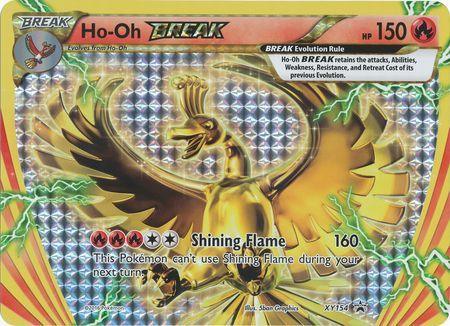 A Pokémon trading card featuring Ho-Oh BREAK (XY154) (Jumbo Card) [XY: Black Star Promos] from the Pokémon series. The card has a holographic, reflective pattern with Ho-Oh, a golden bird with spread wings, depicted in the center. It shows "HP 150" and "Shining Flame" attack causing 160 damage. The card number is XY154 at the bottom.