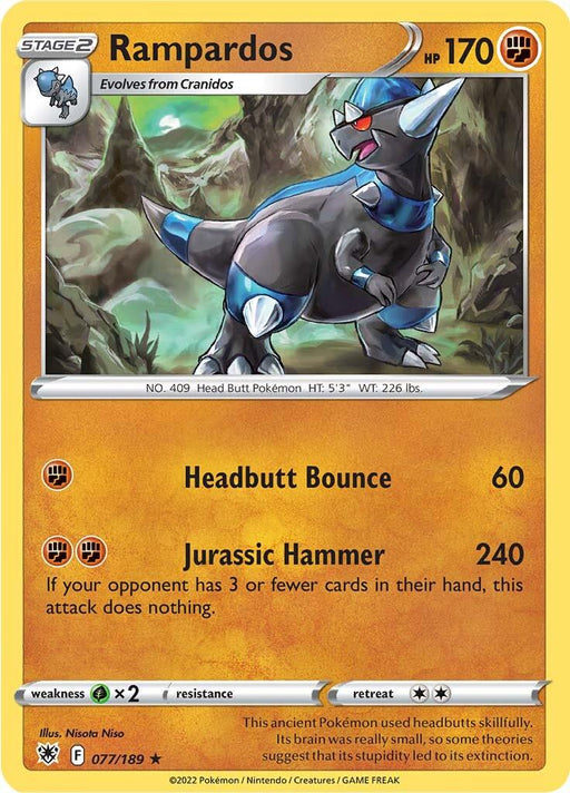 A Pokémon trading card featuring Rampardos (077/189) [Sword & Shield: Astral Radiance] from the Pokémon Astral Radiance set. This Holo Rare card boasts 170 HP, a yellow border, and depicts a blue and gray dinosaur-like creature with a glowing blue spike on its head. Its moves are "Headbutt Bounce" (60 damage) and "Jurassic Hammer" (240 damage).