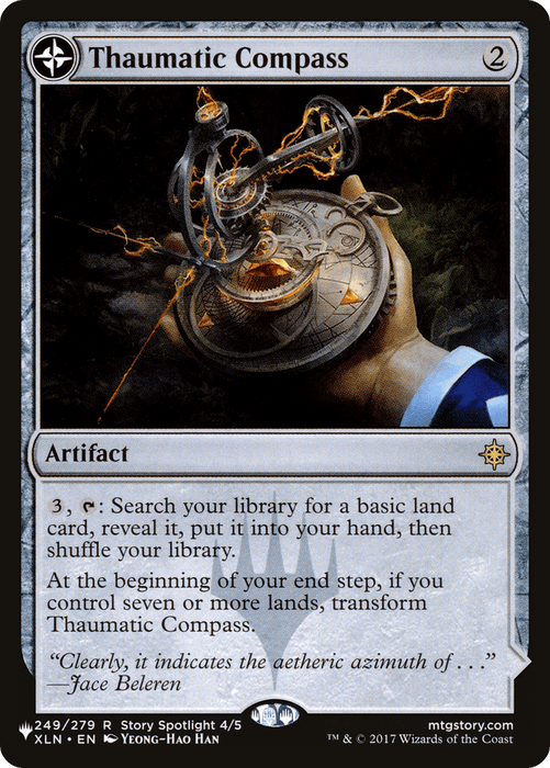 A Magic: The Gathering card titled "Thaumatic Compass // Spires of Orazca [Secret Lair: From Cute to Brute]." The art depicts a hand holding a complex, golden compass with glowing blue symbols. The compass floats above the hand. This Secret Lair artifact has a casting cost of 2 and features an activated ability costing 3 mana and tapping it.