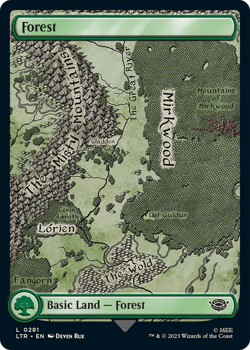 A Magic: The Gathering card titled "Forest (281) [The Lord of the Rings: Tales of Middle-Earth]," featuring a detailed map from J.R.R. Tolkien's "The Lord of the Rings." This Basic Land card highlights areas such as The Misty Mountains, Lorien, Mirkwood, The Great River, and Dol Guldur. At the bottom lies the "Forest" label and relevant game symbols.