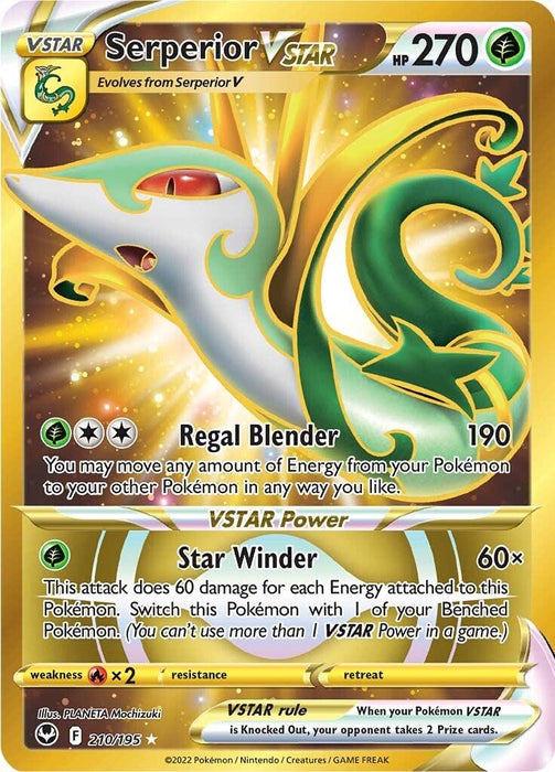 A **Serperior VSTAR (210/195) [Sword & Shield: Silver Tempest]** from Pokémon featuring Serperior VSTAR with 270 HP. The card boasts a golden border and a dynamic image of Serperior in the center. It includes "Regal Blender" attack, "Star Winder" VSTAR Power, and is a Secret Rare numbered 210/195 by illustrators 5ban Graphics.