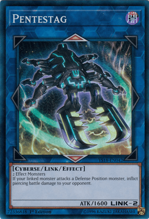 Image of a Yu-Gi-Oh! trading card titled "Pentestag [YS18-EN042] Super Rare." The Super Rare card features a futuristic, blue and black mechanical scorpion with glowing cyan accents. It's identified as a "Dark" attribute, "Link-2" monster with 1600 attack points and a "Cyberse/Link/Effect." From Starter Deck: Codebreaker.
