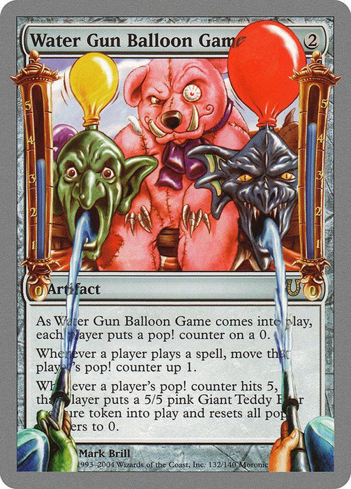 Detailed image description:
A fantasy-themed card titled "Water Gun Balloon Game [Unhinged]" from the brand Magic: The Gathering features two grotesque creatures in front of a large, pink teddy bear. The bear holds two red and yellow balloons. Streams of water from the creatures' mouths aim at balloon targets above them. Text and game details are displayed below this rare artifact.