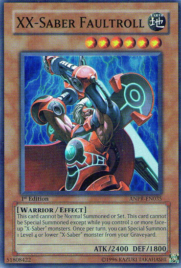 The image showcases a Yu-Gi-Oh! card named "XX-Saber Faultroll [ANPR-EN035] Super Rare," depicting a warrior in futuristic armor wielding dual blades. This Earth-type Effect Monster is Level 6, with 2400 ATK and 1800 DEF, and its effect description outlines specific summoning conditions for X-Saber monsters.