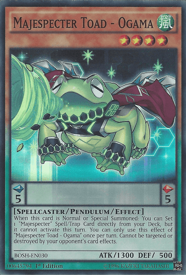 The "Yu-Gi-Oh!" trading card titled "Majespecter Toad - Ogama [BOSH-EN030] Super Rare" features a green, armored toad with orbs floating around it. This Pendulum/Effect Monster boasts 1300 ATK and 500 DEF, along with red and yellow stars. It includes spellcaster attributes and detailed descriptive text.