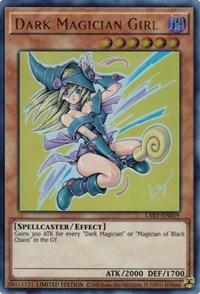 Image of a Yu-Gi-Oh! Dark Magician Girl [LART-EN019] Ultra Rare trading card featuring "Dark Magician Girl." The card shows an anime-style female spellcaster in a blue outfit and hat, holding a magic staff. With an attack power of 2000 and a defense value of 1700, deck information and card text are visible at the bottom.