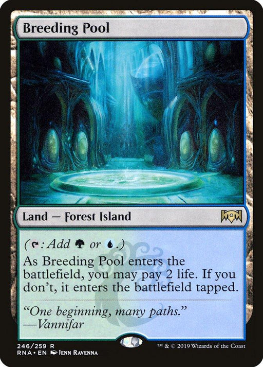 The Magic: The Gathering product titled "Breeding Pool [Ravnica Allegiance]" is a rare land from Ravnica Allegiance. It has the subtype "Forest Island" and lets players add green or blue mana. The illustration features a mystical, glowing pool in a lush, green forest. Players can choose to pay 2 life to have it enter untapped.