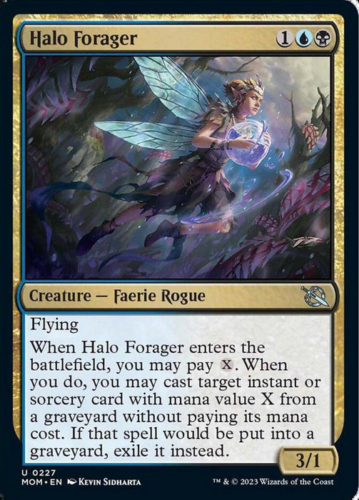 A "Halo Forager [March of the Machine]" Magic: The Gathering card featuring a Faerie Rogue with wings, holding a glowing sphere and wearing a crown of leaves. The creature is surrounded by a mystical forest backdrop. The text describes its abilities: flying, casting spells from a graveyard, and exile effects, hinting at the chaos of March of the Machine.