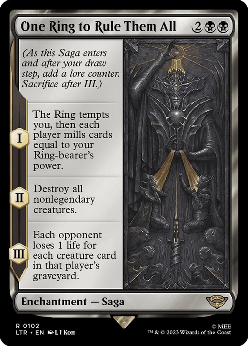 A Magic: The Gathering card titled "One Ring to Rule Them All [The Lord of the Rings: Tales of Middle-Earth]." This rare black Enchantment — Saga costs 2 black mana and 2 generic mana. The artwork features a menacing figure holding the One Ring, surrounded by dark, gothic details. From The Lord of the Rings: Tales of Middle-Earth set, it has three stages: I - each player mills cards equal to their