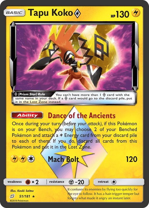 An image of the Pokémon trading card "Tapu Koko (51/181) (Prism Star) [Sun & Moon: Team Up]" from the Pokémon series. This Basic Pokémon card, with 130 HP and a lightning-themed design, features the rule "Dance of the Ancients" and a powerful attack called "Mach Bolt" with 120 damage. Its weaknesses include fighting type x2, while it has a metal type resistance of -20.