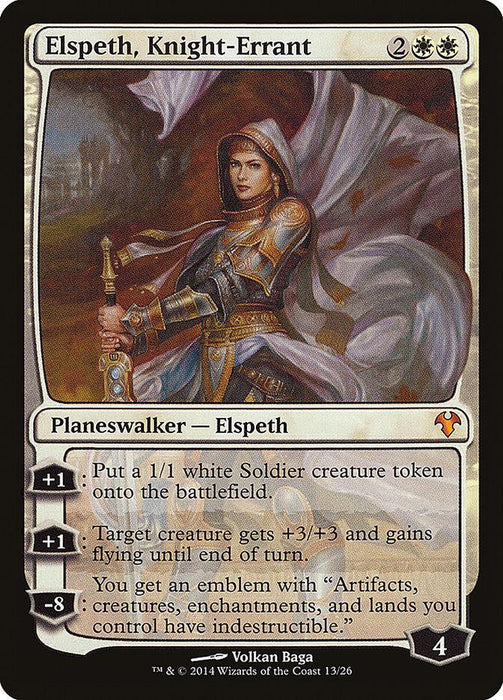 The image shows a Magic: The Gathering card named "Elspeth, Knight-Errant [Modern Event Deck 2014]," a Legendary Planeswalker. It features Elspeth, a female knight with a sword and shield in golden armor, against a stormy sky. The card details her Planeswalker abilities and credits illustrator Volkan Baga.
