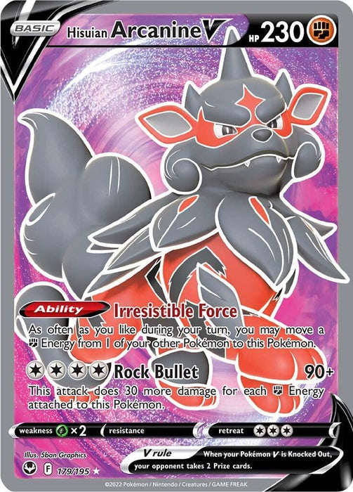 The image is of a Hisuian Arcanine V (179/195) [Sword & Shield: Silver Tempest] trading card from Pokémon. It boasts 230 HP and a silver border. The card depicts a fierce, four-legged creature with gray fur, a red mane, and a determined expression. It possesses the Fighting-type Ability "Irresistible Force" and the attack "Rock Bullet," with