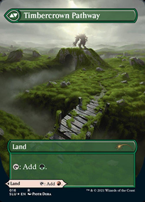 The image depicts a Magic: The Gathering card titled "Cragcrown Pathway // Timbercrown Pathway (Borderless) [Secret Lair: Ultimate Edition 2]" from Magic: The Gathering. It features lush, green grassy land with a worn-down stone pathway leading to a giant stone arch. A large, shadowy tree-like creature stands on the hill above. The card border is green and adds green mana to your pool.
