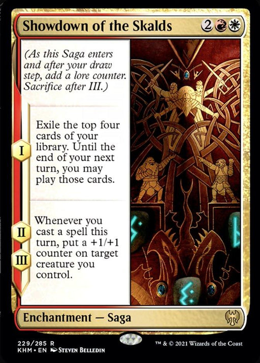The image showcases a Magic: The Gathering card titled "Showdown of the Skalds [Kaldheim]," a red and white Rare Enchantment Saga from Magic: The Gathering with three chapters. The artwork depicts warriors with golden helmets and armor overseen by a larger central figure. The card’s border is ornate, and the background is fiery.