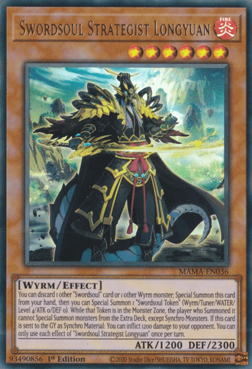 The image features a Swordsoul Strategist Longyuan [MAMA-EN036] Ultra Rare by Yu-Gi-Oh!. This Effect Monster showcases a mythical warrior with ornate armor and a flowing cape, holding a magical sword. The card attributes are [Wyrm/Effect], with 1200 ATK and 2300 DEF points. The card ID is MAMA-EN036.