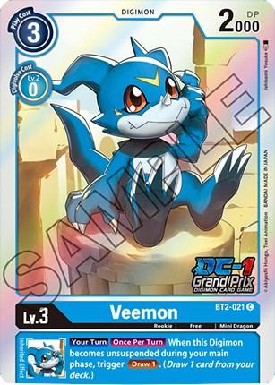 This Veemon [BT2-021] promo card from the Digimon card game (DC-1 Grand Prix) [Release Special Booster Promos] features a blue mini dragon with a white belly, red eyes, and a V-shaped mark on its forehead. The level 3 card has a Digivolve Cost of 3 or 0 from Lv. 2, boasts 2000 DP, and includes an effect that lets you draw a card when Veemon becomes unsuspended during the main phase.