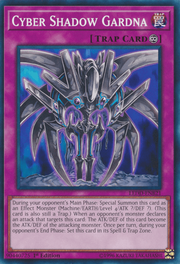 The Yu-Gi-Oh! card titled "Cyber Shadow Gardna" [LEDD-ENB21] is a Common Continuous Trap Card from the Legendary Dragon Decks. It features a metallic, insect-like figure set against a purple background and includes a description that details its special summoning conditions and effects during the opponent's Main Phase.